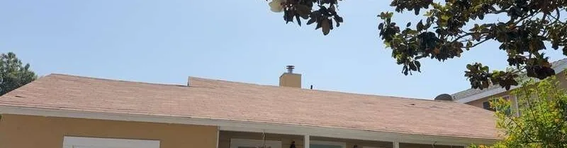 A broad tan asphalt shingle front roof slope with a central chimney and tree canopy along the upper edge.